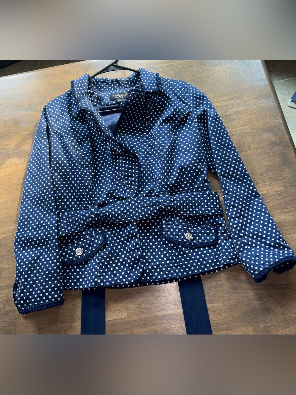 Navy Polka Dot Belted Women's Blazer Jacket